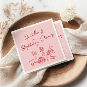 Retro Pink Red Hand Drawn Fun Birthday Dinner Napkins