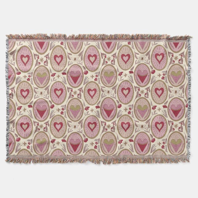 Retro Pink & Red Hand Drawn Hearts Valentine's Day Throw Blanket (Front)