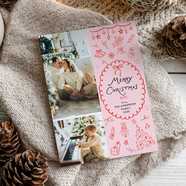 Retro Pink Red Hand Drawn Merry Christmas 2 Photo Holiday Card (Creator Uploaded)