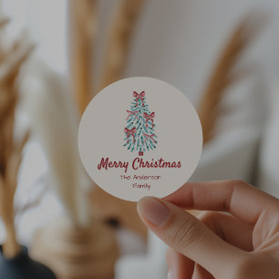 Retro Pink Red Hand Drawn Ribbons Tree Christmas Classic Round Sticker