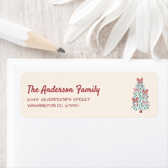 Retro Pink Red Hand Drawn Ribbons Tree Christmas Label (Insitu)