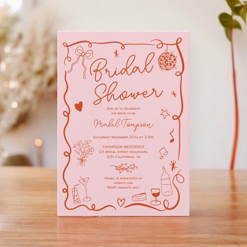 Retro pink red handdrawn illustrated bridal shower invitation