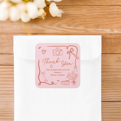 Retro pink red handdrawn illustrated bridal shower square sticker