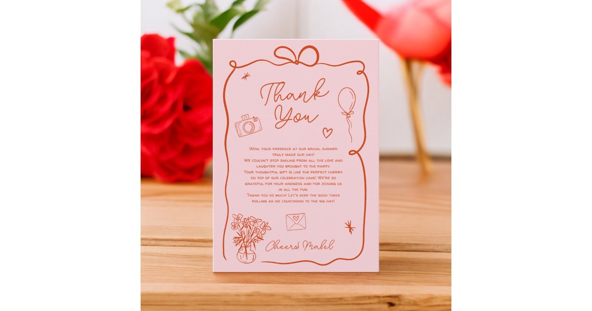 Retro pink red handdrawn illustrated bridal shower thank you card | Zazzle