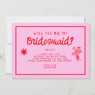 Retro Pink &Red Handwriting Bridesmaid Proposal Invitation