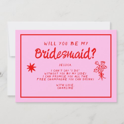 Retro Pink Red Handwriting Bridesmaid Proposal  Invitation