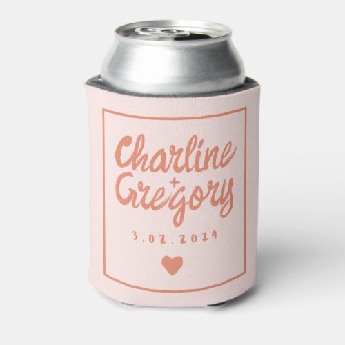 Retro Pink Red Handwriting Wedding Can Cooler