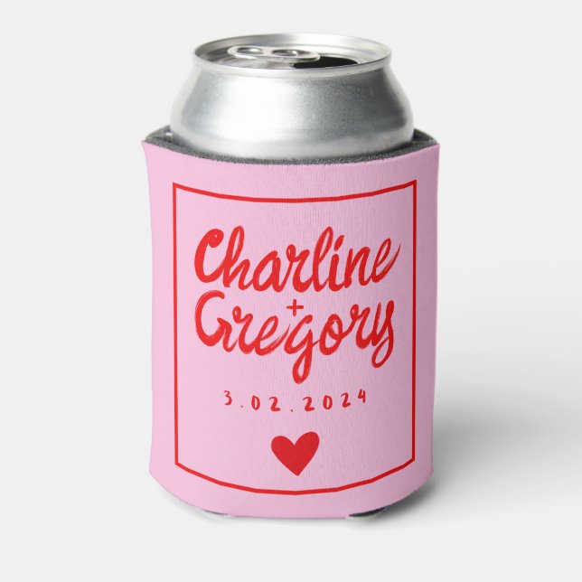 Retro Pink &Red Handwriting Wedding Can Cooler (Can Back)