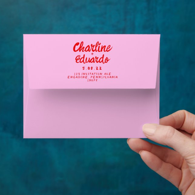 Retro Pink &Red Handwriting Wedding  Envelope (Hand)