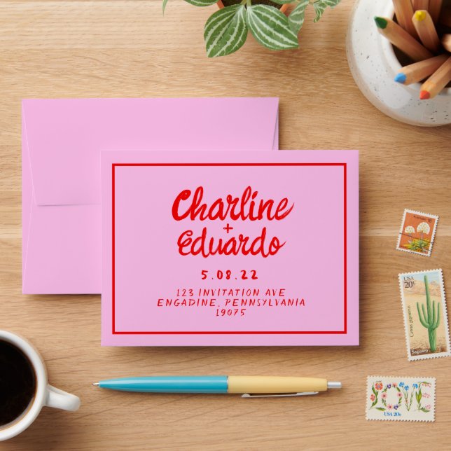 Retro Pink &Red Handwriting Wedding  Envelope (Desk)