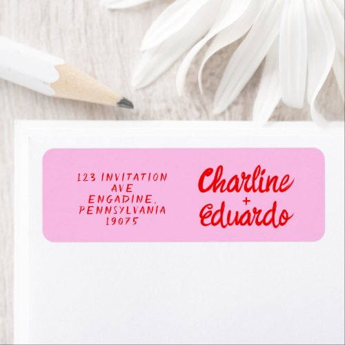 Retro Pink Red Handwriting Wedding  Label