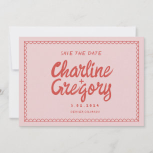 Retro Pink Red Handwriting Wedding Save the Date Invitation