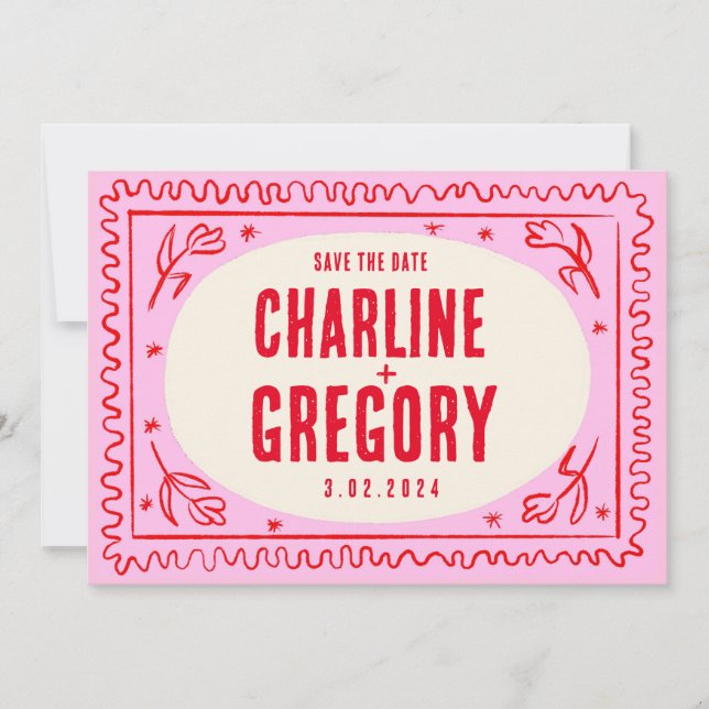 Retro Pink Red Handwriting Wedding Save the Date Invitation (Front)