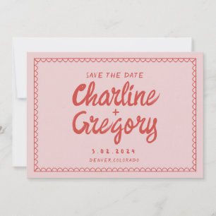 Retro Pink Red Handwriting Wedding Save the Date Invitation