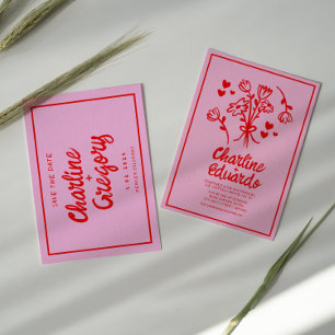 Retro Pink Red Handwriting Wedding Save the Date Invitation