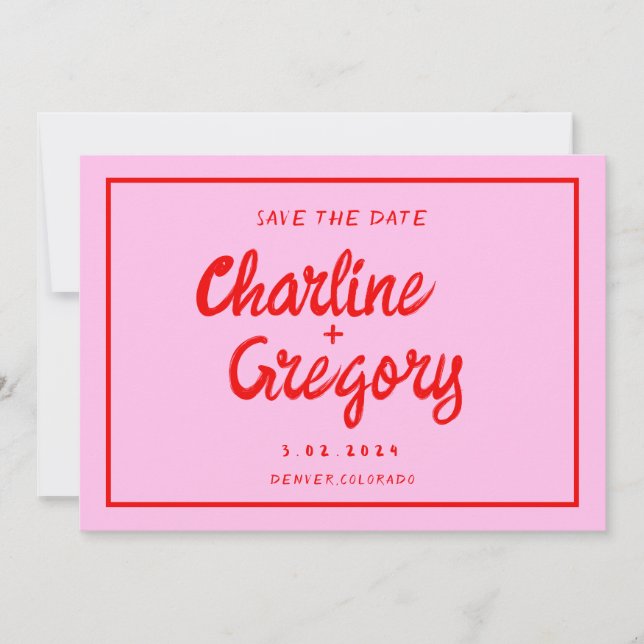 Retro Pink &Red Handwriting Wedding Save the Date Invitation (Front)