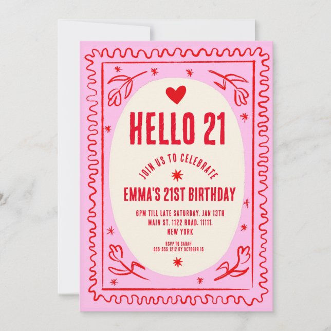 Retro Pink Red Handwritting 21St  Birthday Party Invitation (Front)