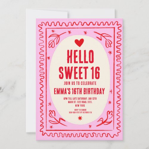 Retro Pink Red Handwritting Sweet 16 Birthday  Invitation