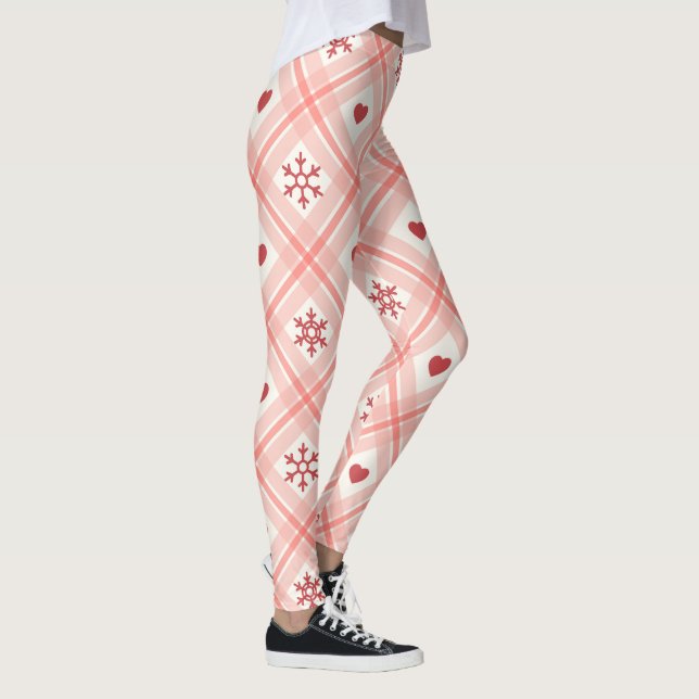 Retro Pink & Red Heart Snowflakes Pattern Leggings (Right)