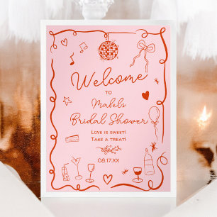 Retro pink red illustrated welcome bridal shower poster