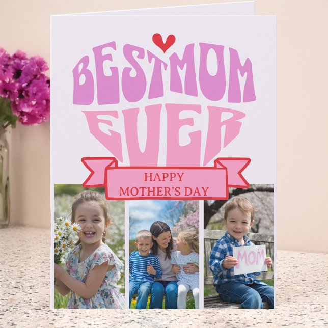 Retro Pink Red Multi Photo Best Mom Mother's Day Card (Retro Best Mom Ever Multi Photo Mother's Day Card by Darling & May)