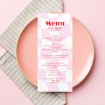 RETRO Pink Red Pattern Bold Typography Menu<br><div class="desc">Get ready to boogie the night away with our retro-inspired red and pink wedding menus! These menus are perfect for any reception inspired by all things vintage and 70s, and a disco-themed celebration. The bold red and pink colors and funky patterns will transport your guests back in time and set...</div>