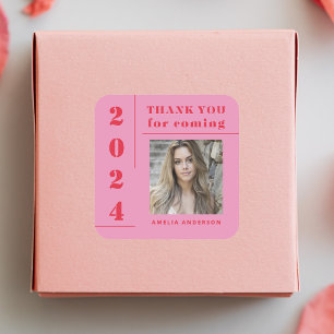 Retro Pink Red Photo Graduation Thank You Square Sticker