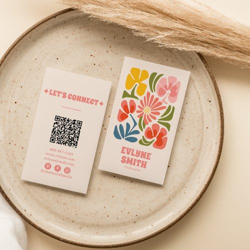 Retro Pink Red QR Code Groovy Floral Girly Boho Business Card
