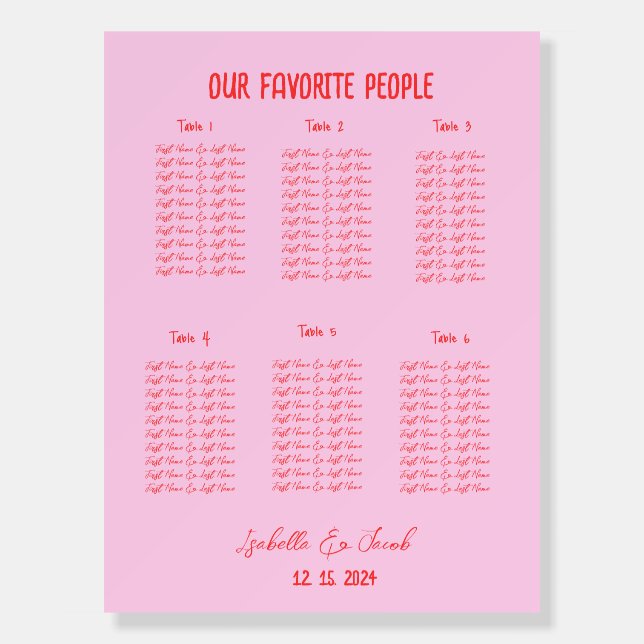 Retro Pink Red Quirky 6 Wedding Seating Chart  Foam Board (Front)