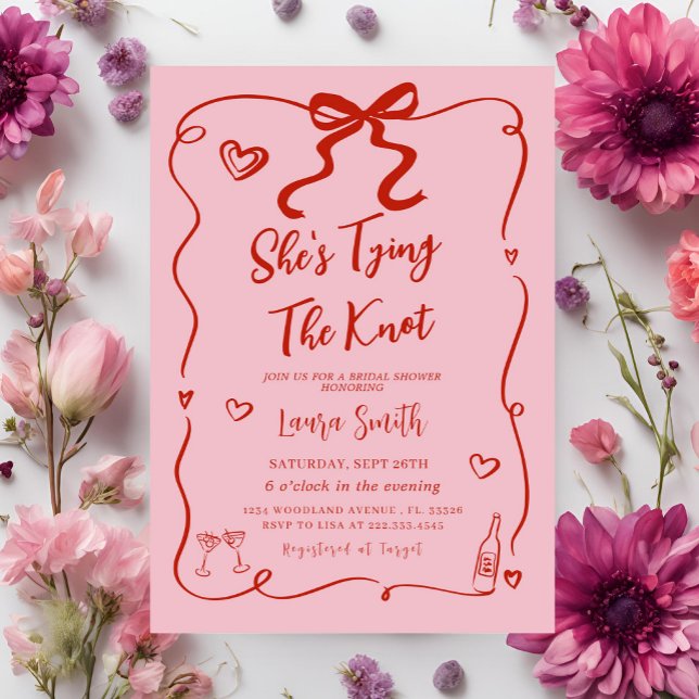 Retro pink red She's Tying The Knot Bridal Shower Invitation (Creator Uploaded)