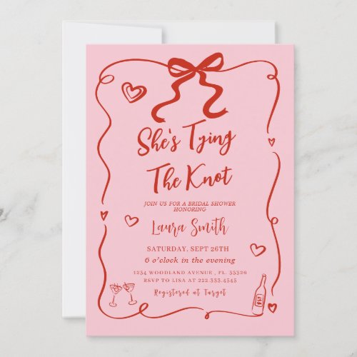 Retro pink red Shes Tying The Knot Bridal Shower Invitation