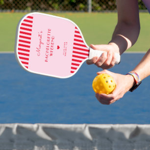 Retro Pink & Red Stripes Bachelorette Party Pickleball Paddle