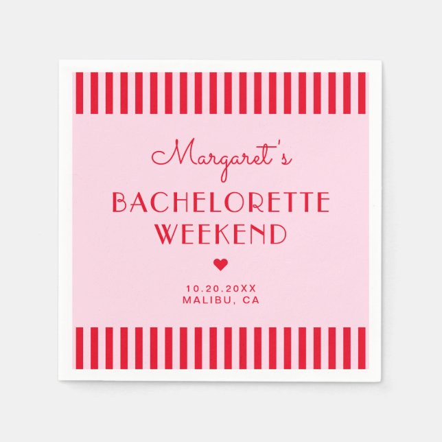 Retro Pink & Red Stripes Bachelorette Weekend Napkins (Front)