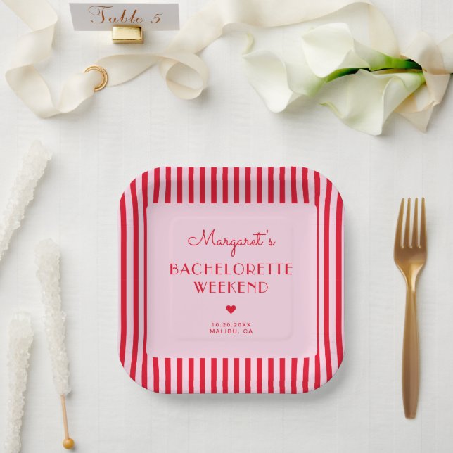 Retro Pink & Red Stripes Bachelorette Weekend Paper Plates (Wedding)
