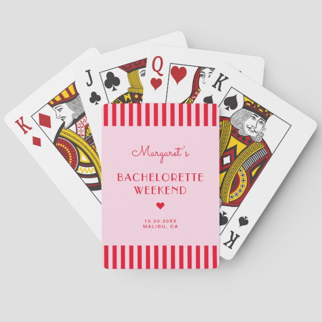 Retro Pink & Red Stripes Bachelorette Weekend Poker Cards (Back)