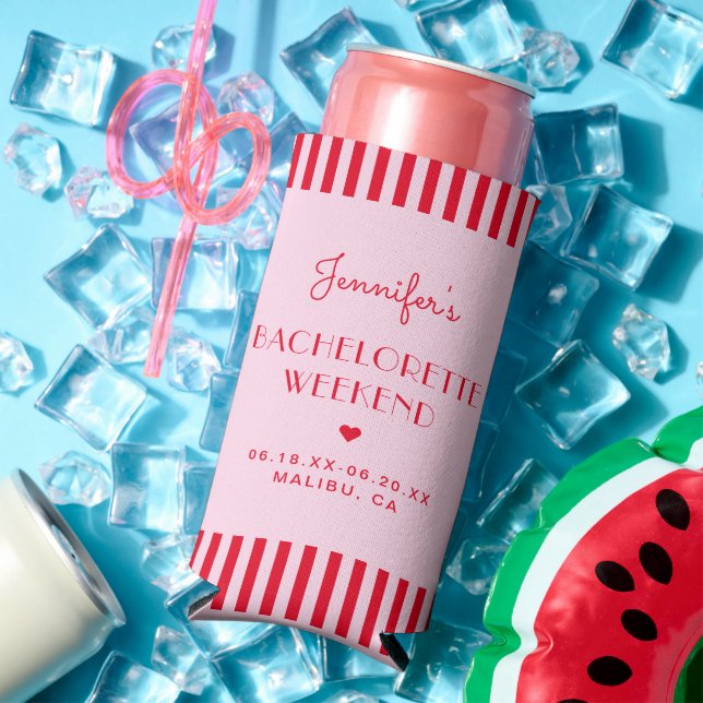 Retro Pink & Red Stripes Bachelorette Weekend Seltzer Can Cooler (In Situ Summer)