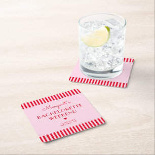 Retro Pink & Red Stripes Bachelorette Weekend Square Paper Coaster