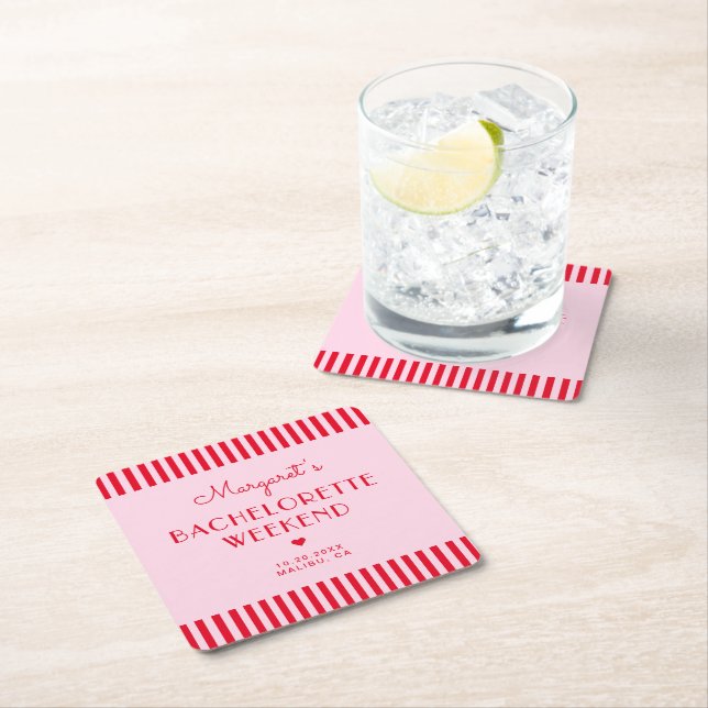 Retro Pink & Red Stripes Bachelorette Weekend Square Paper Coaster (Insitu)
