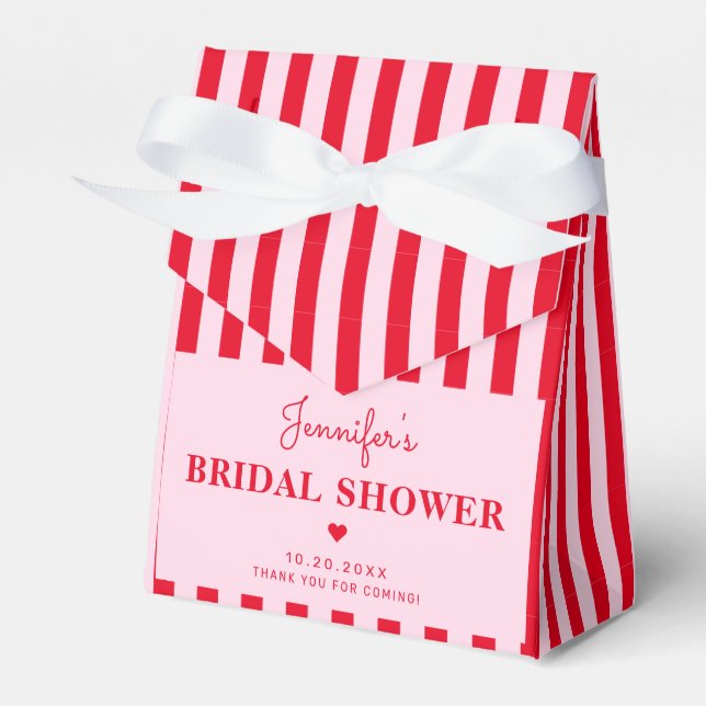 Retro Pink & Red Stripes Bridal Shower Custom Favor Boxes (Front Side)