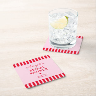 Retro Pink & Red Stripes Bridal Shower Custom Square Paper Coaster