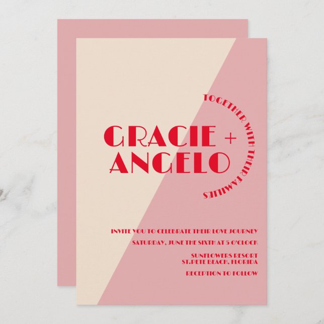 Retro Pink Red Two Tones Wedding Invitation (Front/Back)