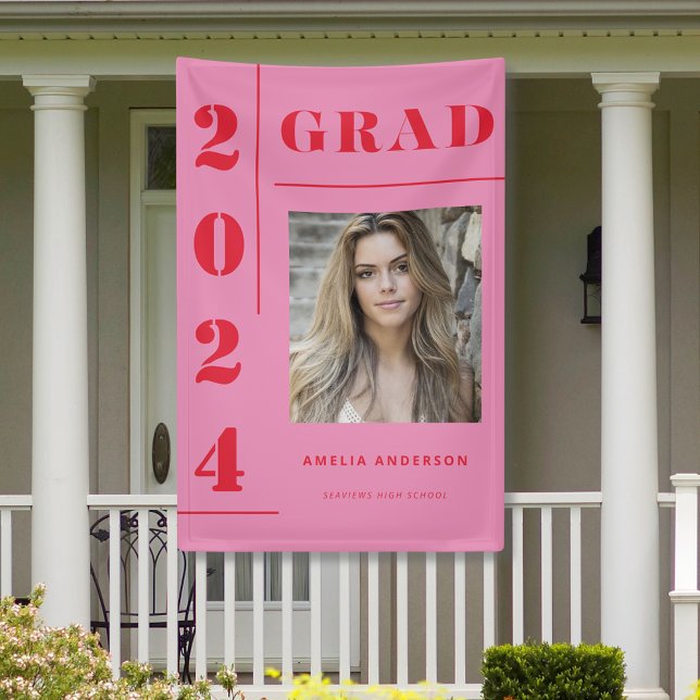 Retro Pink Red Typography Photo Graduation Party Banner (Creator Uploaded)