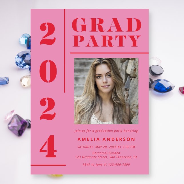 Retro Pink Red Typography Photo Graduation Party Invitation (Creator Uploaded)
