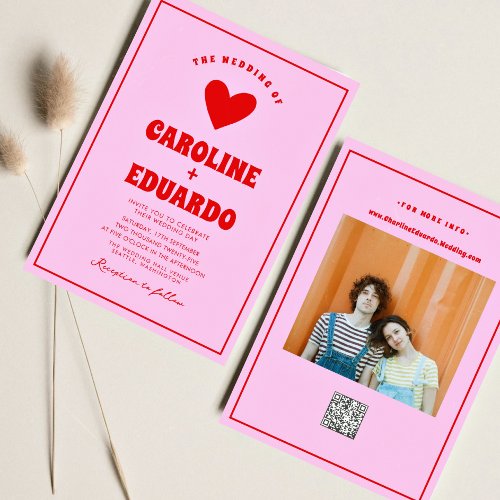 Retro Pink Red  Wavy Boho Wedding Qr Code   Invitation