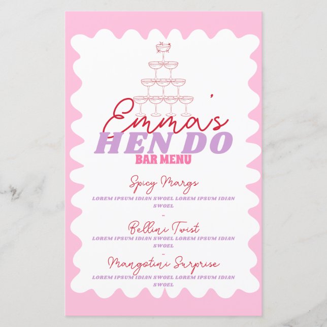 Retro Pink Red Wavy Border Party Drinks Menu (Front)