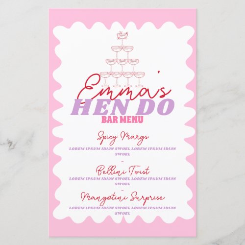 Retro Pink Red Wavy Border Party Drinks Menu