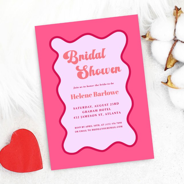 Retro Pink Red Wavy Bridal Shower Invitation (Retro Pink Red Wavy Bridal Shower Invitation)