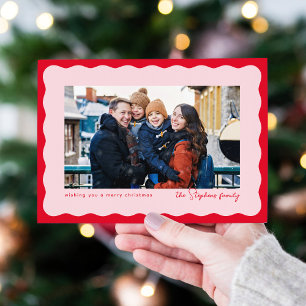 Retro pink red wavy frame Christmas photo Holiday Card