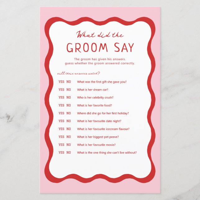 Retro Pink Red What Did The Groom Say Game (Front)