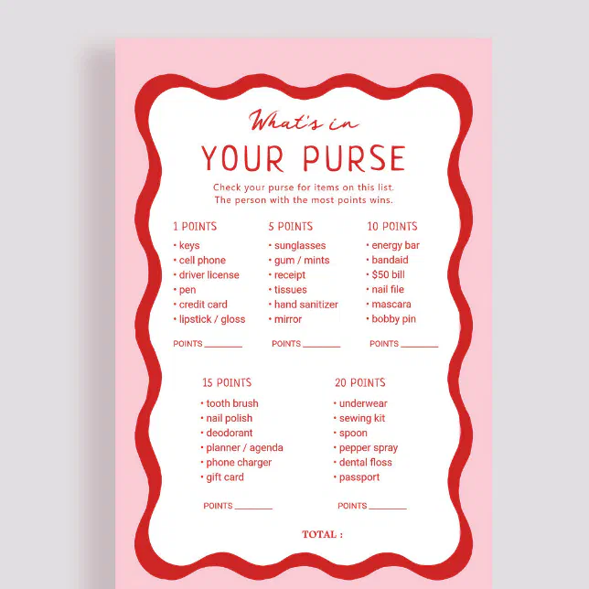 Retro Pink Red What's In Your Purse Game Cards | Zazzle